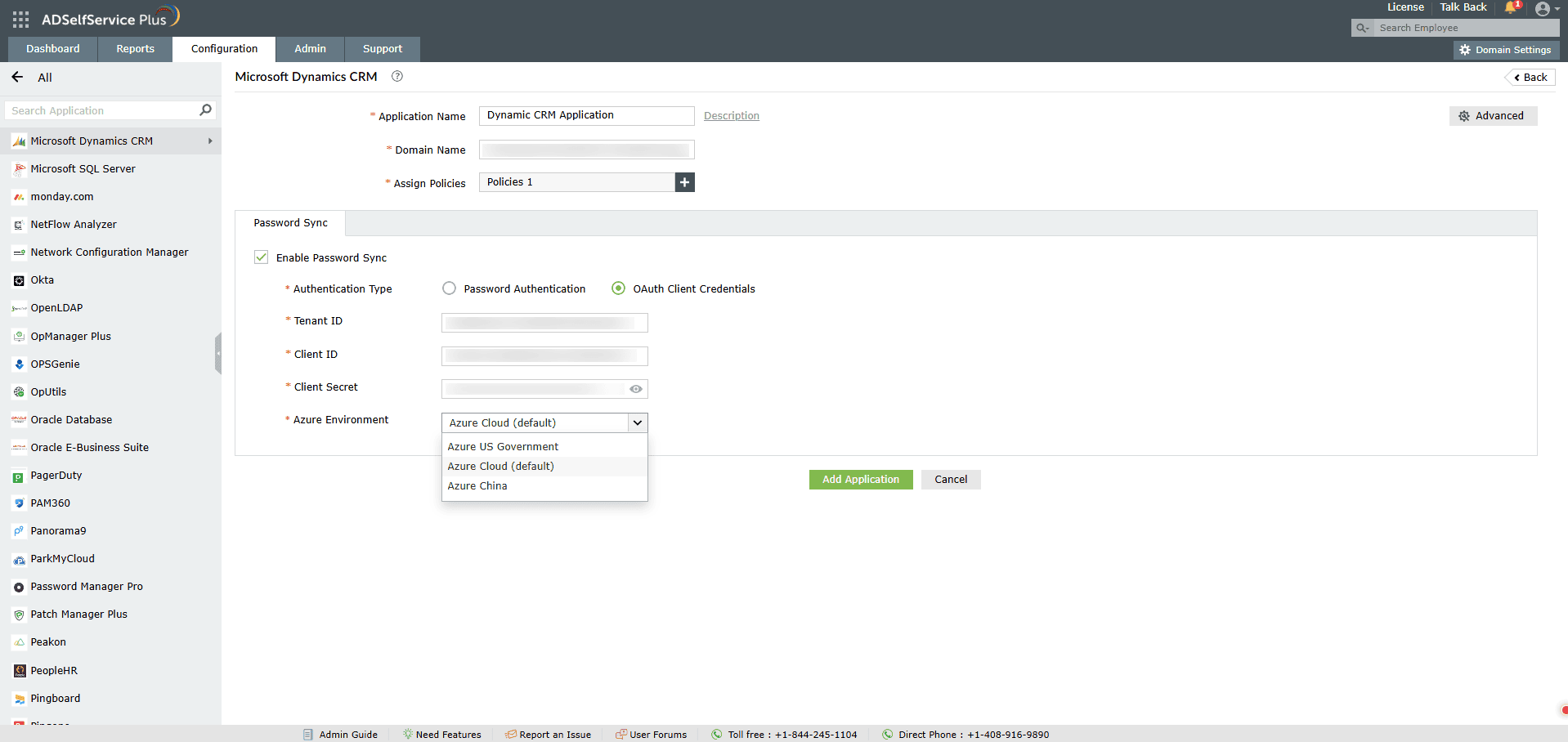 Configuration des identifiants client OAuth pour Microsoft dynamics CRM dans ADSelfService Plus
