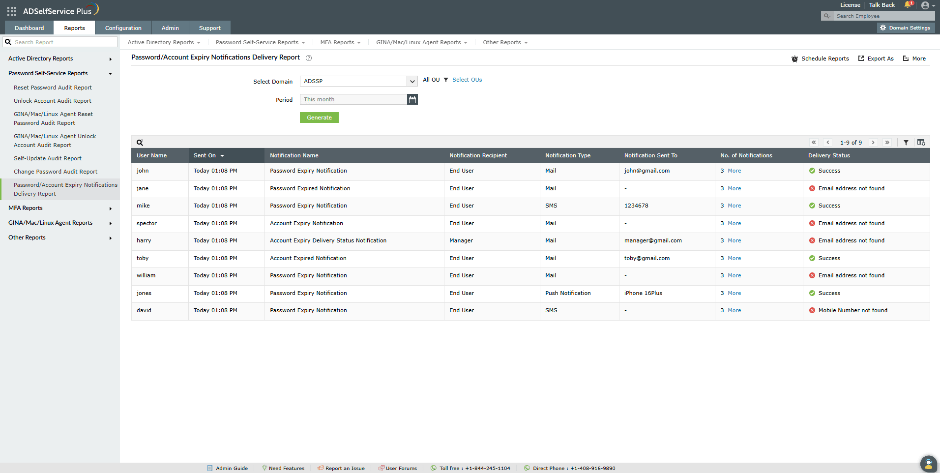 Rapport de livraison des notifications d'expiration de mot de passe/compte dans ADSelfService Plus