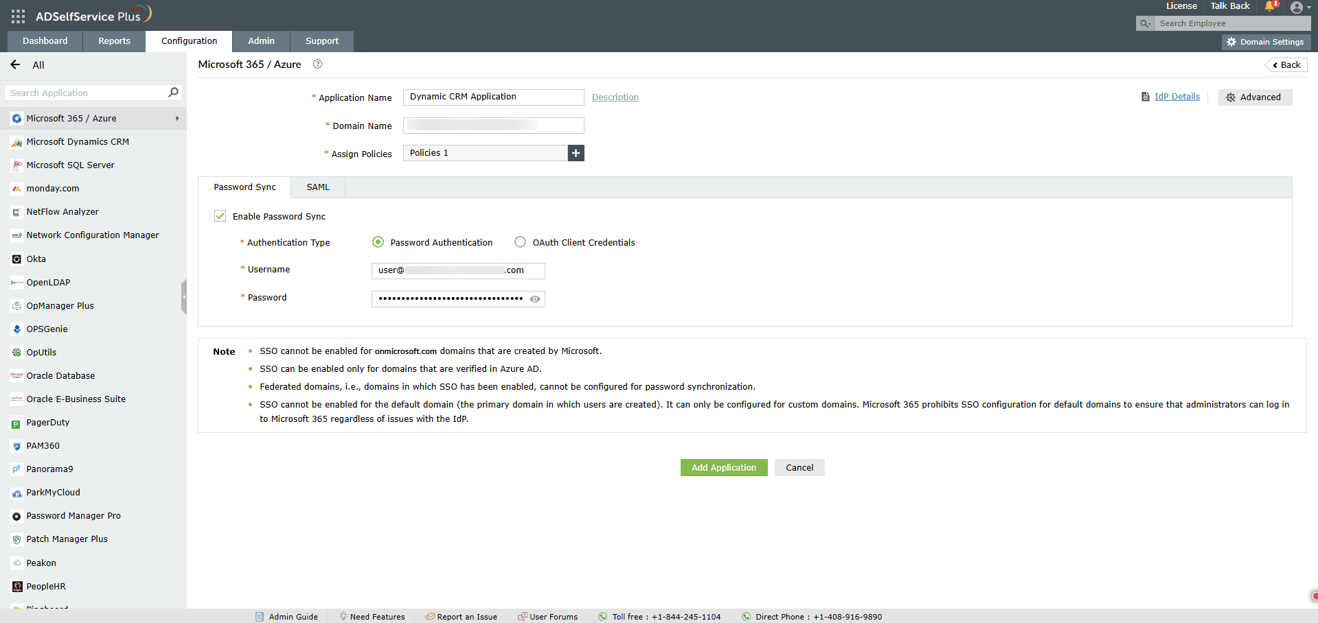 Authentification par mot de passe pour Microsoft 365/Azure dans ADSelfService Plus