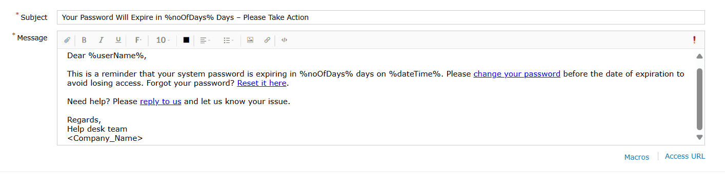 Exemple de message de notification d'expiration de mot de passe
