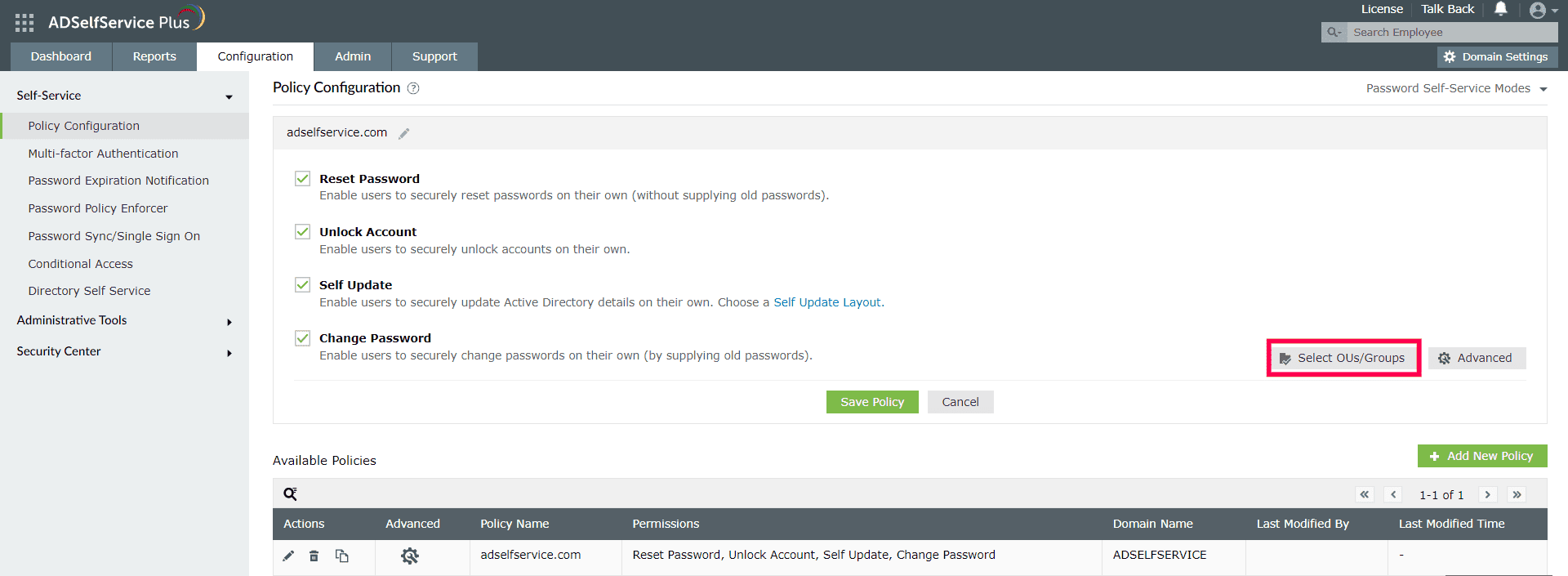 Configuration des politiques dans ADSelfService Plus.