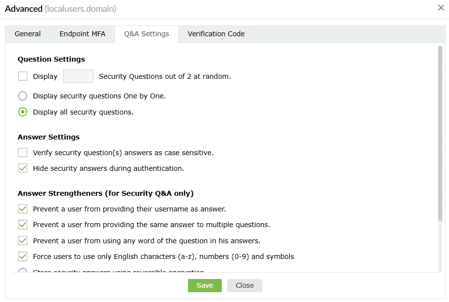 Aperçu des paramètres avancés de questions et réponses dans ADSelfService Plus