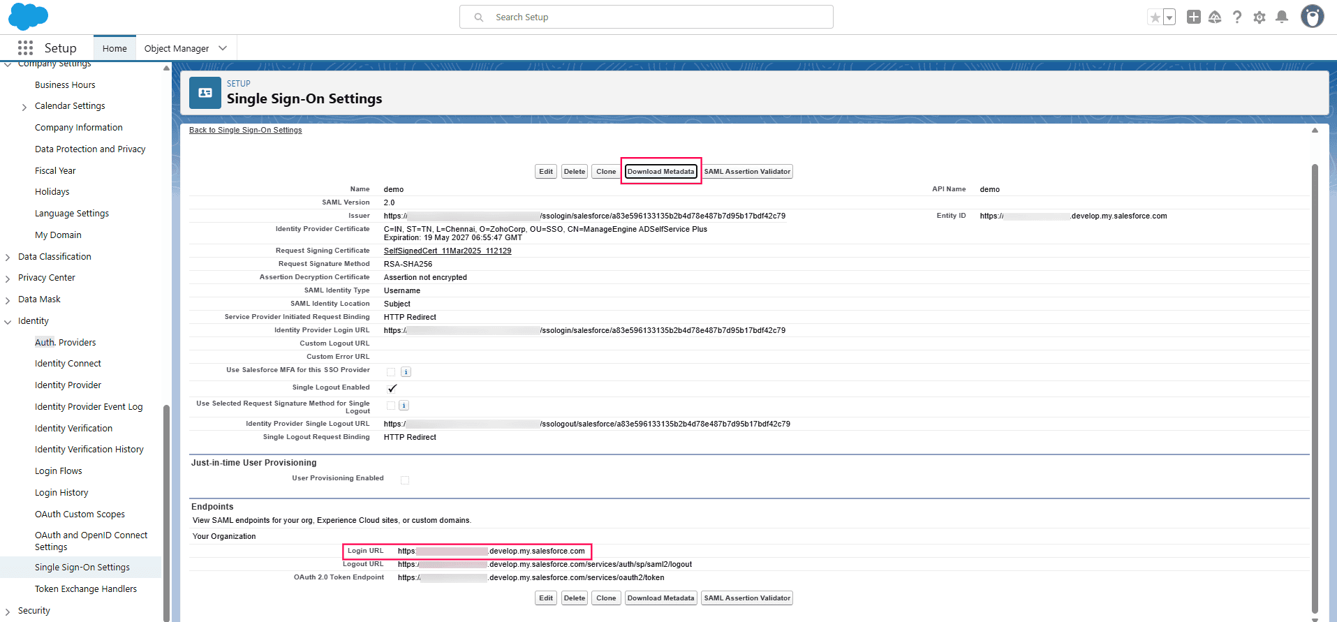 Paramètres Salesforce SP SAML SSO pour ADSelfService Plus