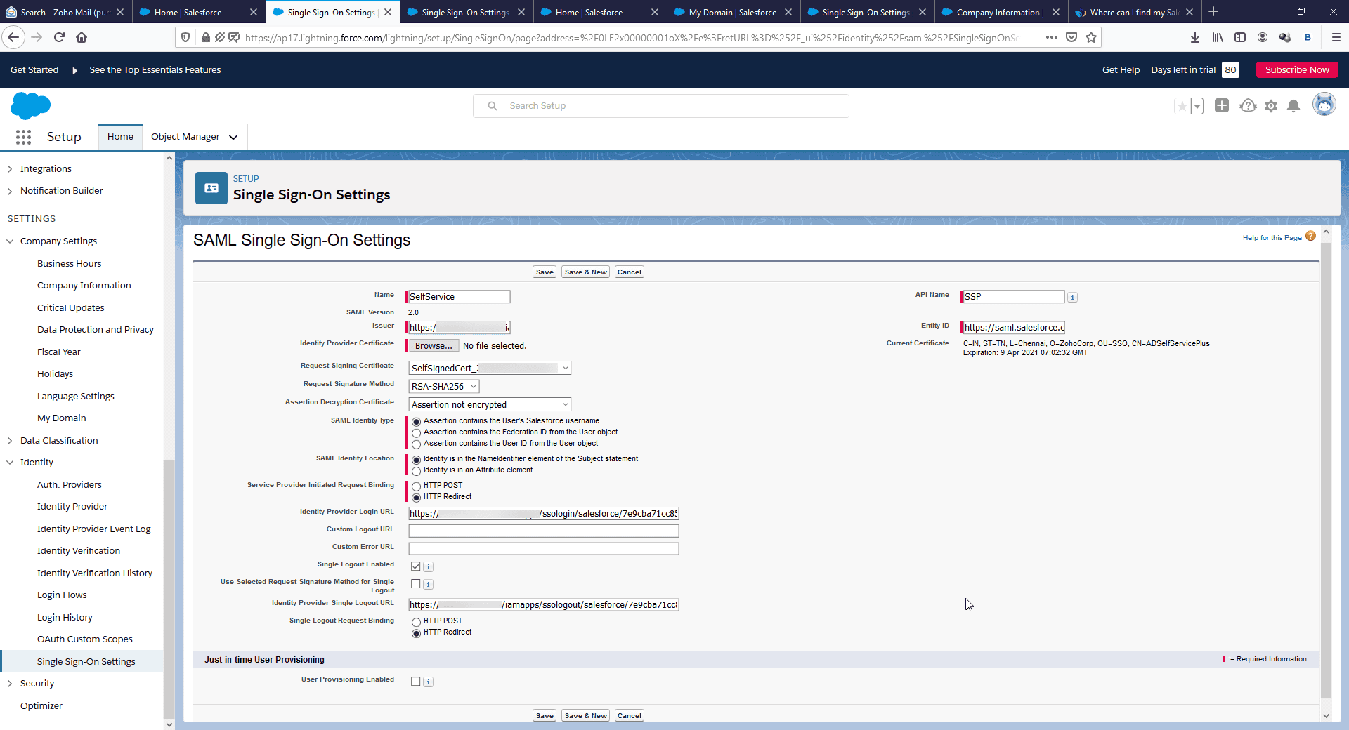 Paramètres Salesforce SAML SSO pour ADSelfService Plus
