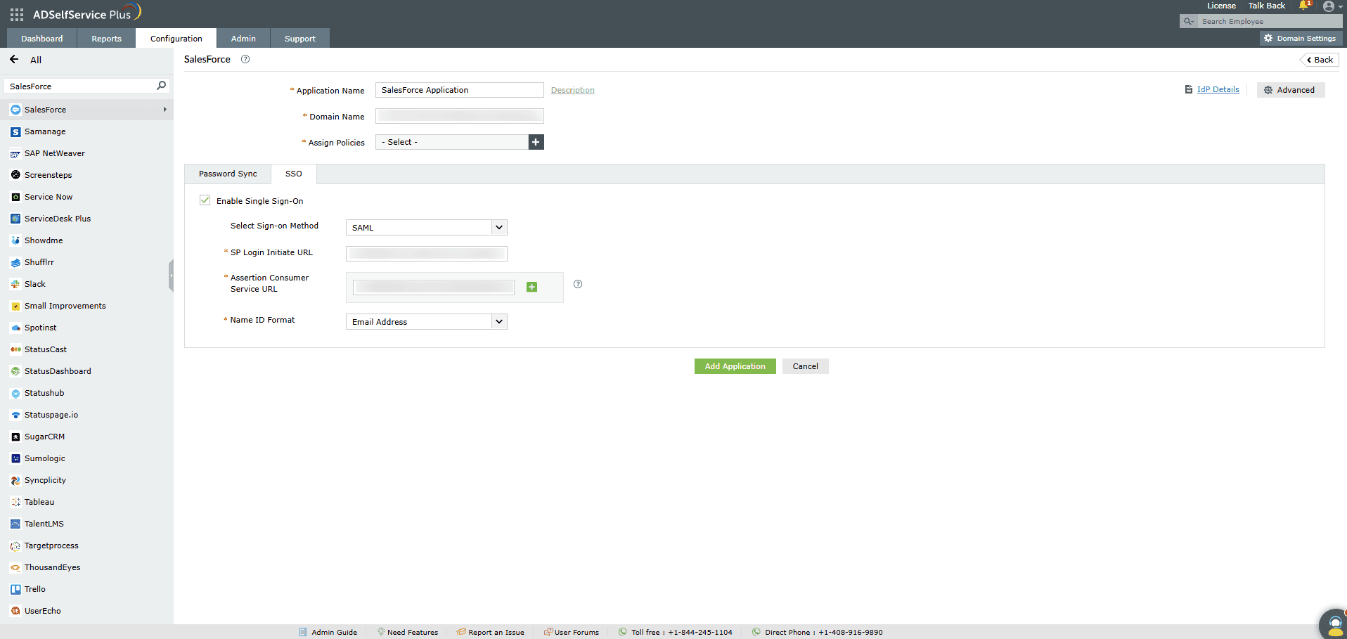 Aperçu des paramètres SSO d’ADSelfService Plus lors de la configuration de SAML SSO pour Salesforce