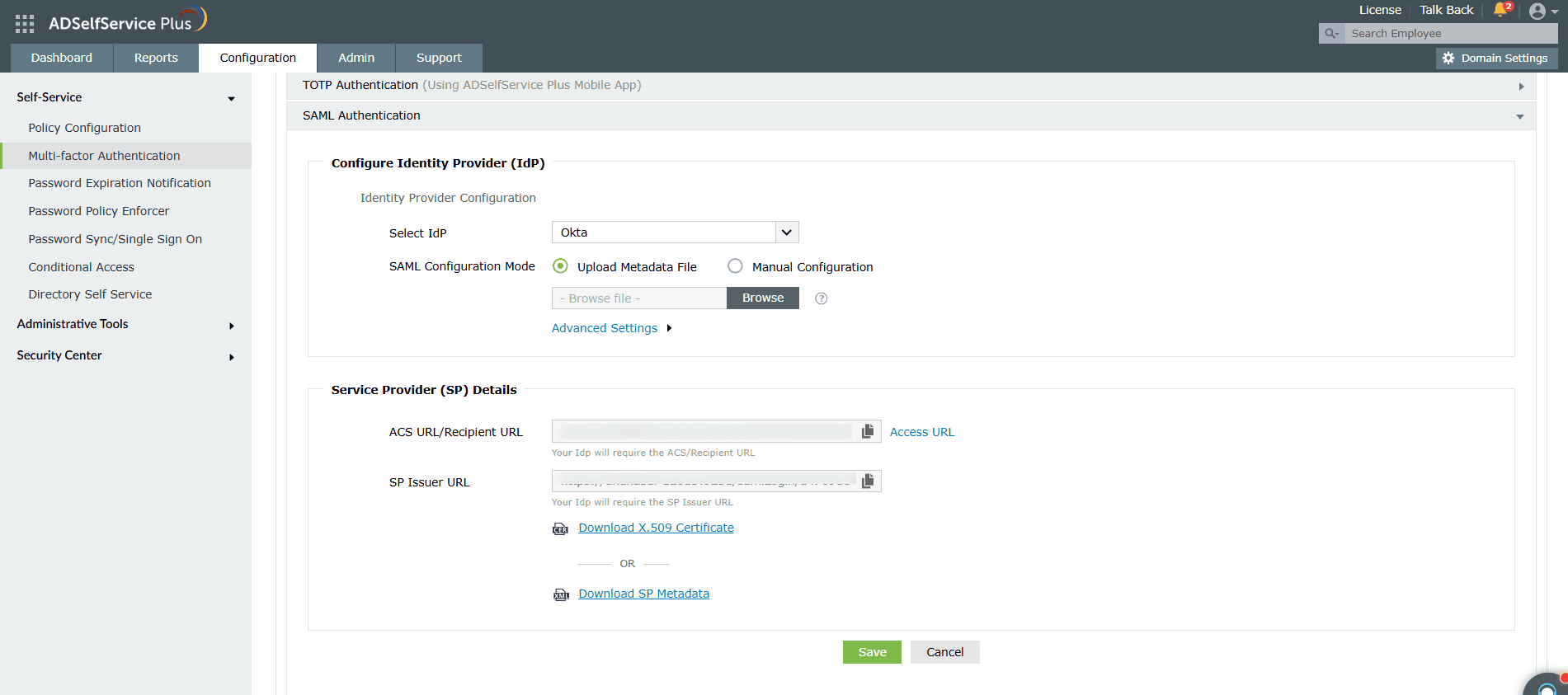 Configuration de l'authentification SAML dans ADSelfService Plus