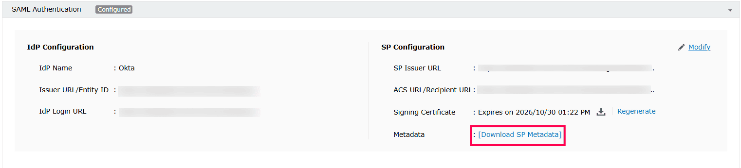Fichier de métadonnées SP de l'authentificateur SAML dans ADSelfService Plus