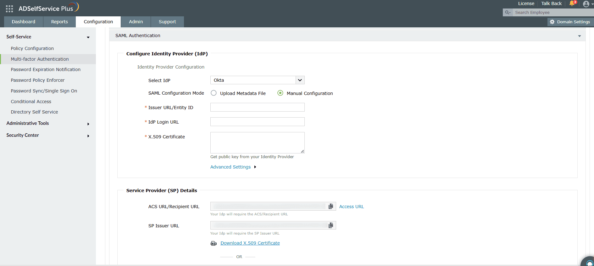 Configuration manuelle de l'IdP SAML dans ADSelfService Plus