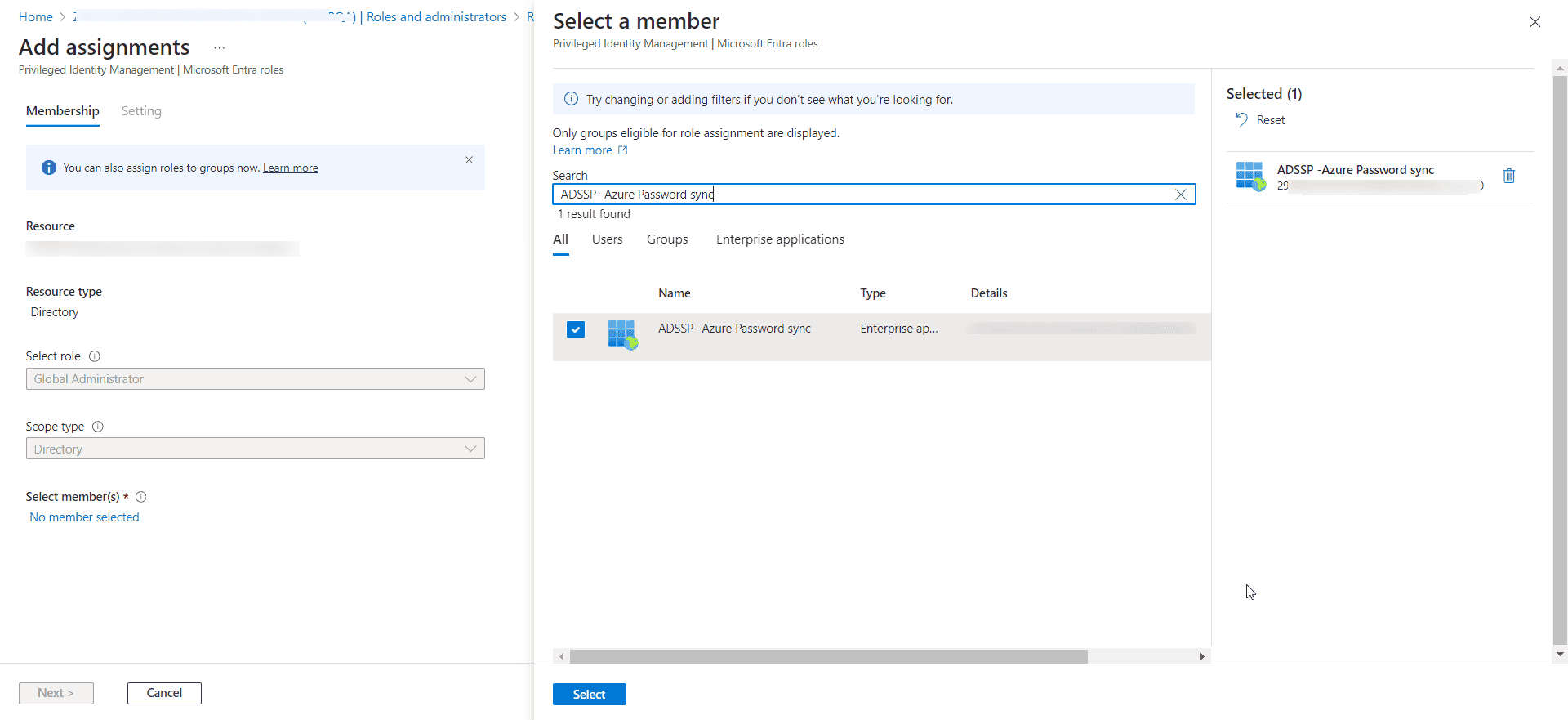 Aperçu de la sélection des membres pour l’application Azure pour la synchronisation de mot de passe OAuth