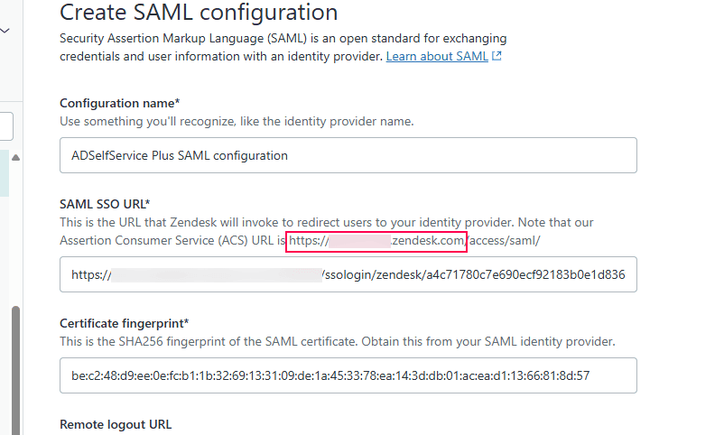 URL de démarrage de connexion Zendesk pour ADSelfService Plus