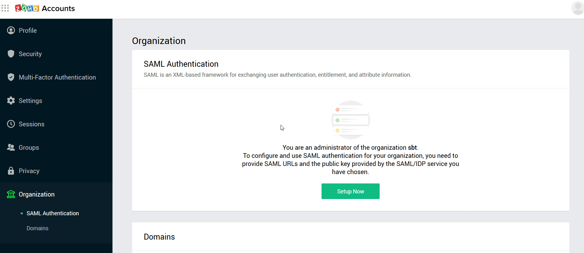 Vue d’ensemble du panneau comptes Zoho lors de la configuration du SSO SAML via ADSelfService Plus