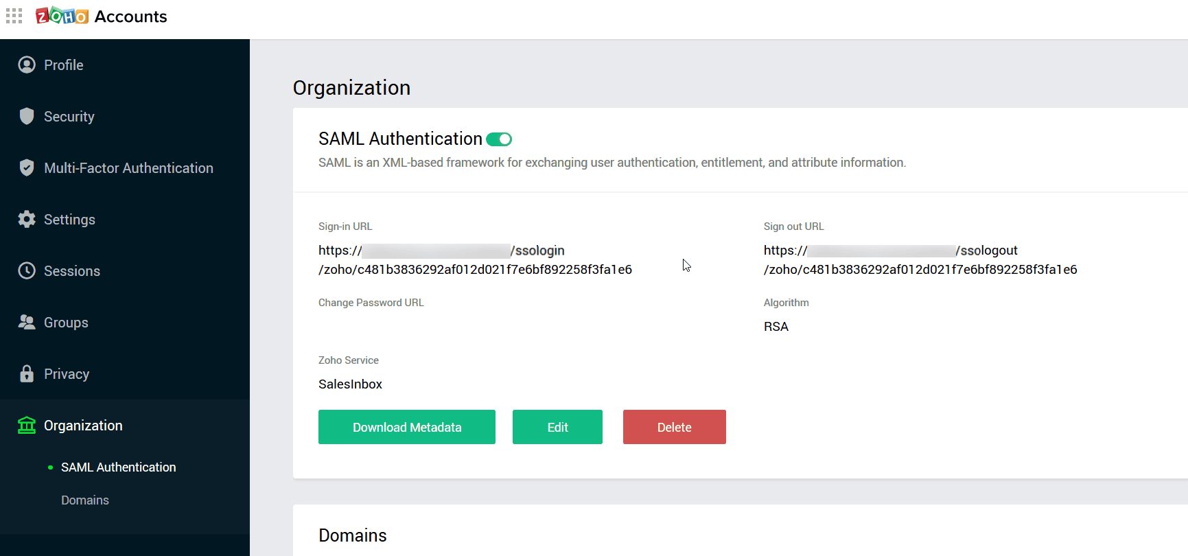 Paramètres SAML SSO Zoho SP pour ADSelfService Plus
