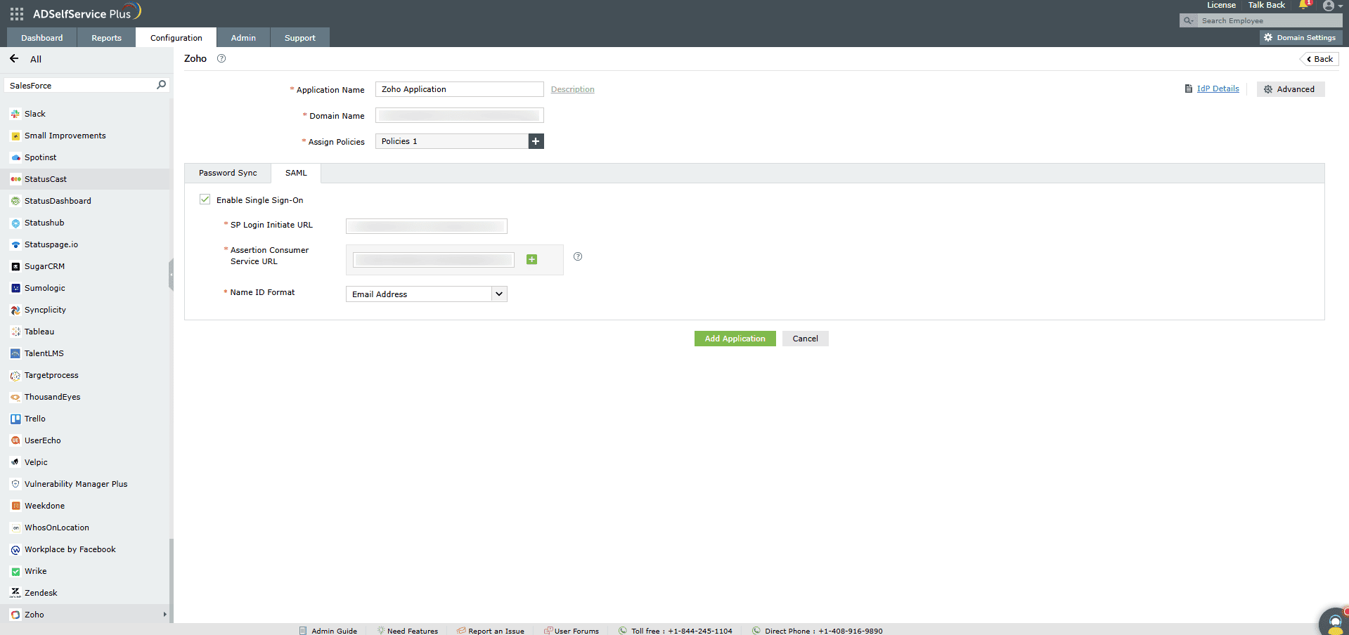 Aperçu des paramètres SSO d’ADSelfService Plus lors de la configuration du SSO SAML pour Zoho