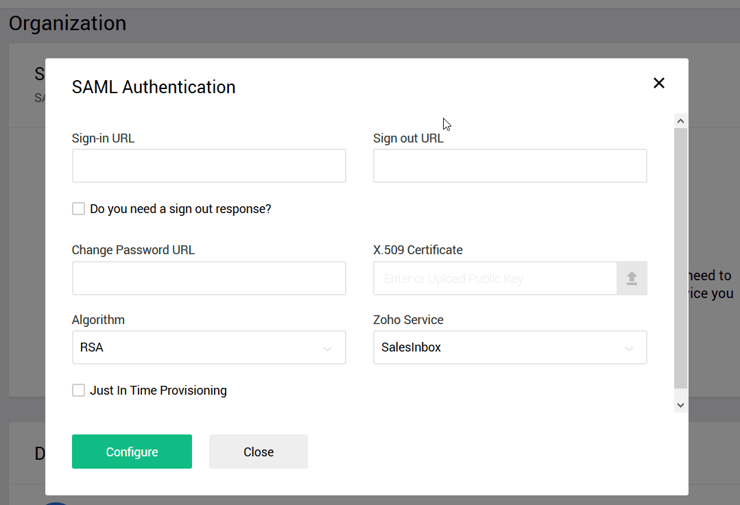 Aperçu des paramètres SSO Zoho lors de la configuration du SSO SAML via ADSelfService Plus