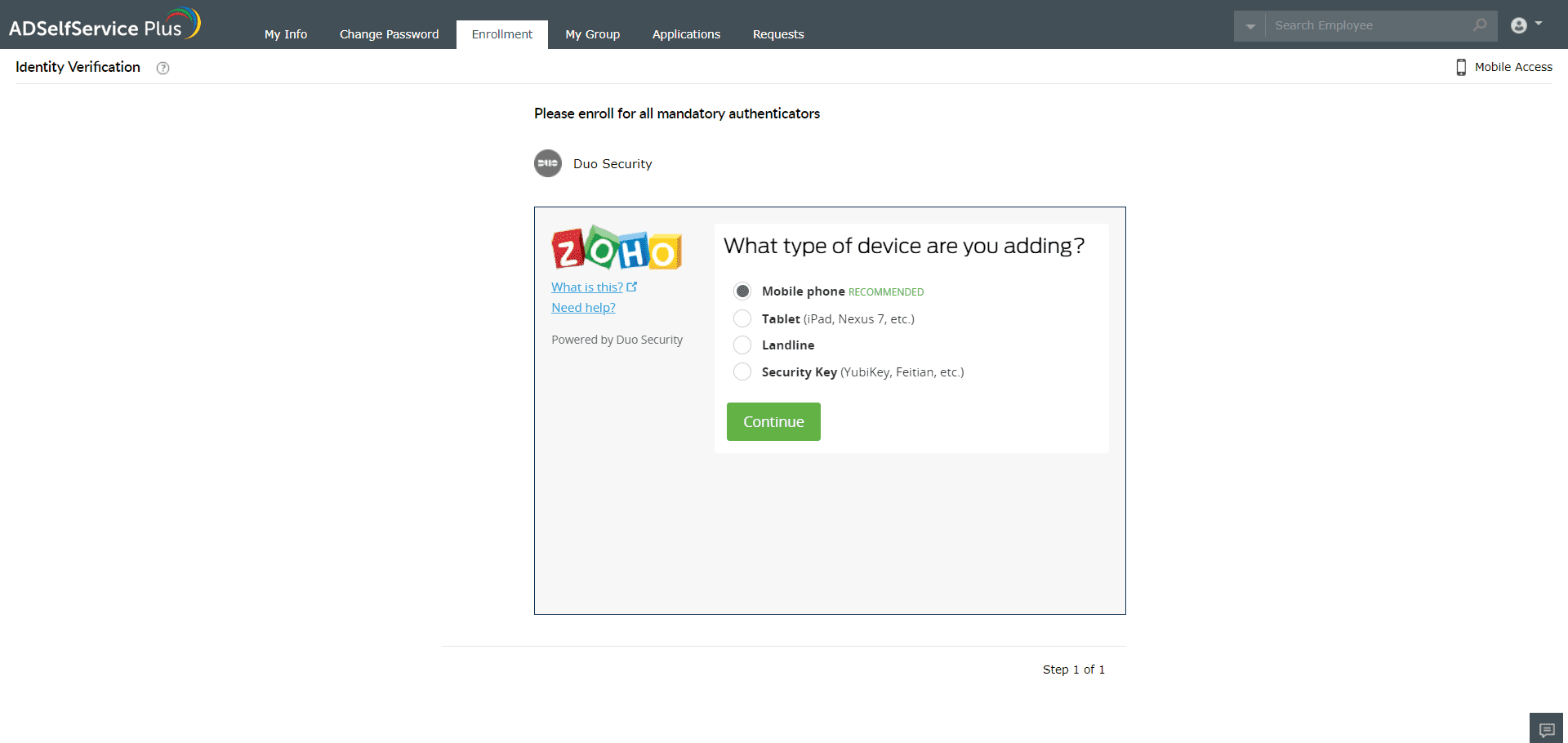 Inscription à Duo Security d'ADSelfService Plus