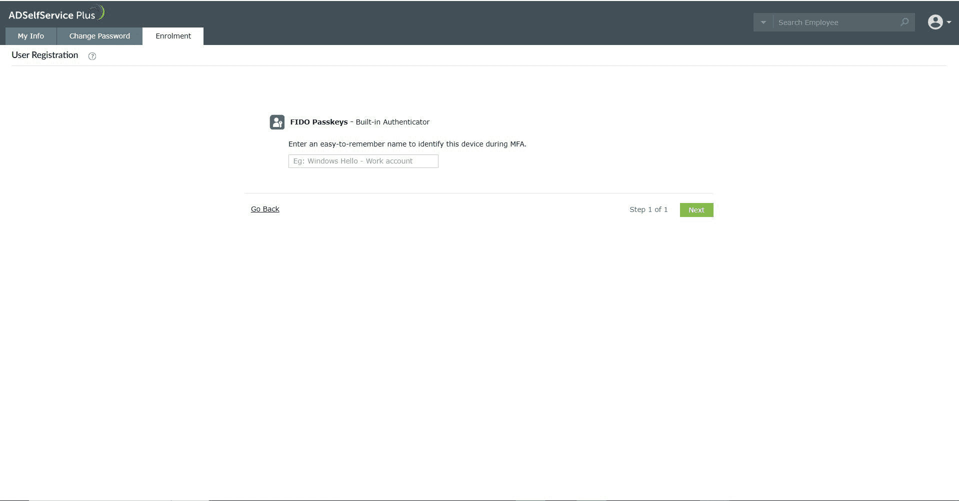 Inscription à l'authentificateur intégré pour FIDO Passkeys d'ADSelfService