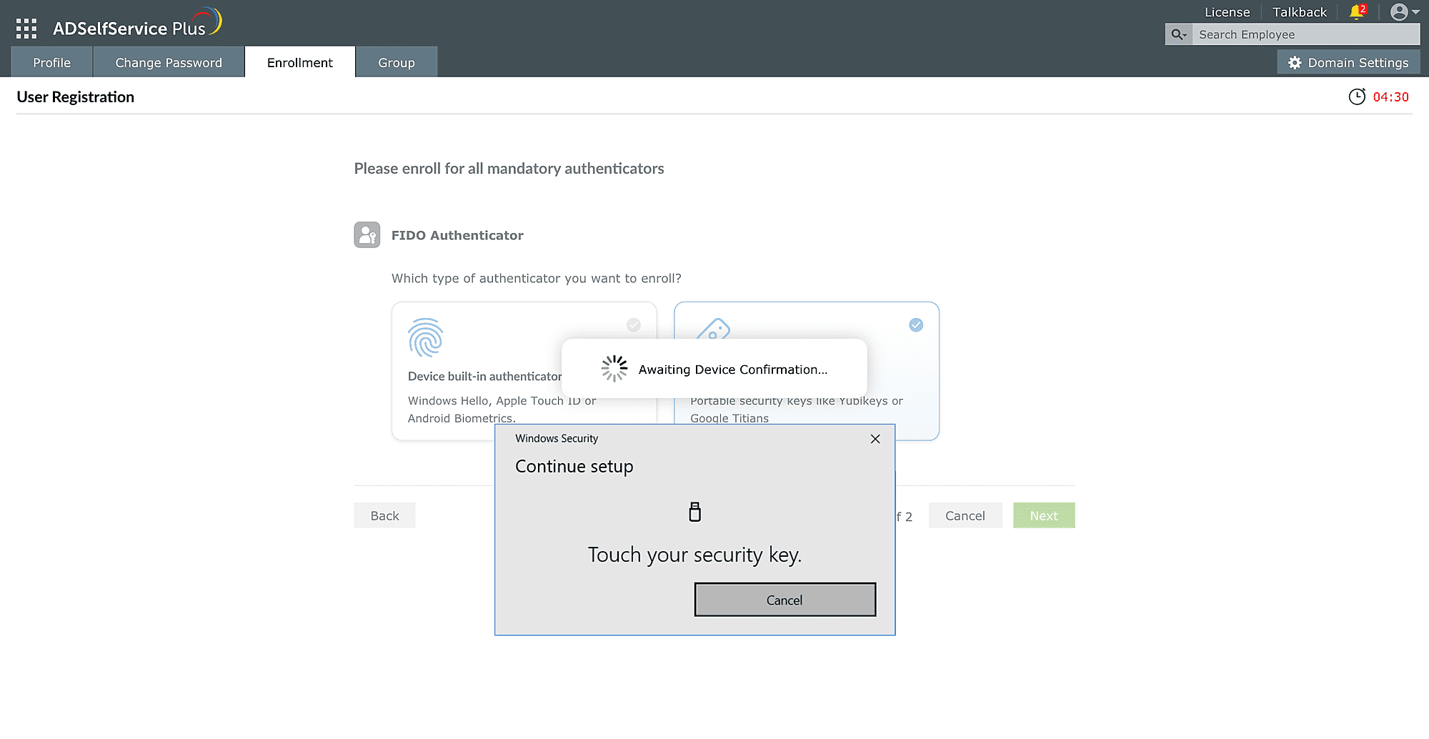 Inscription aux clés de sécurité FIDO Passkeys d'ADSelfService