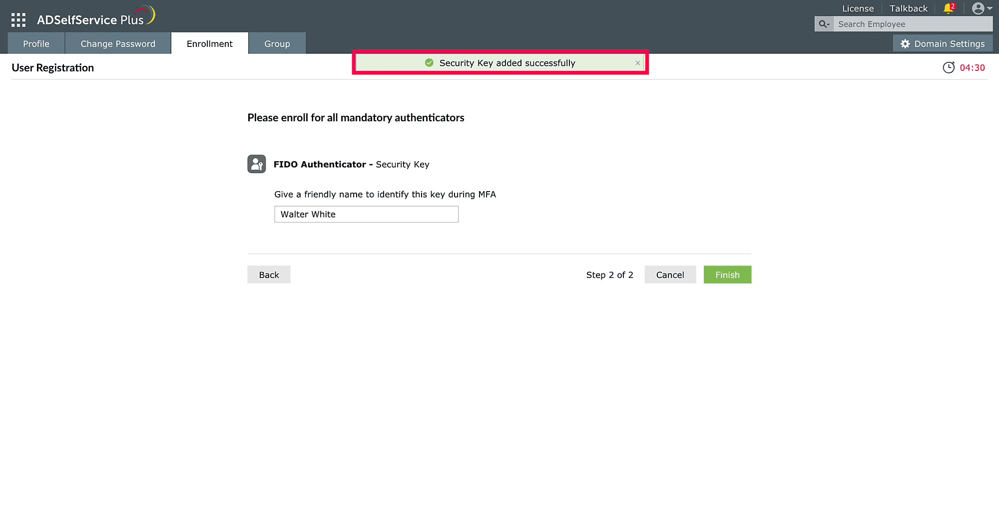 Inscription réussie aux clés FIDO Passkeys d'ADSelfService