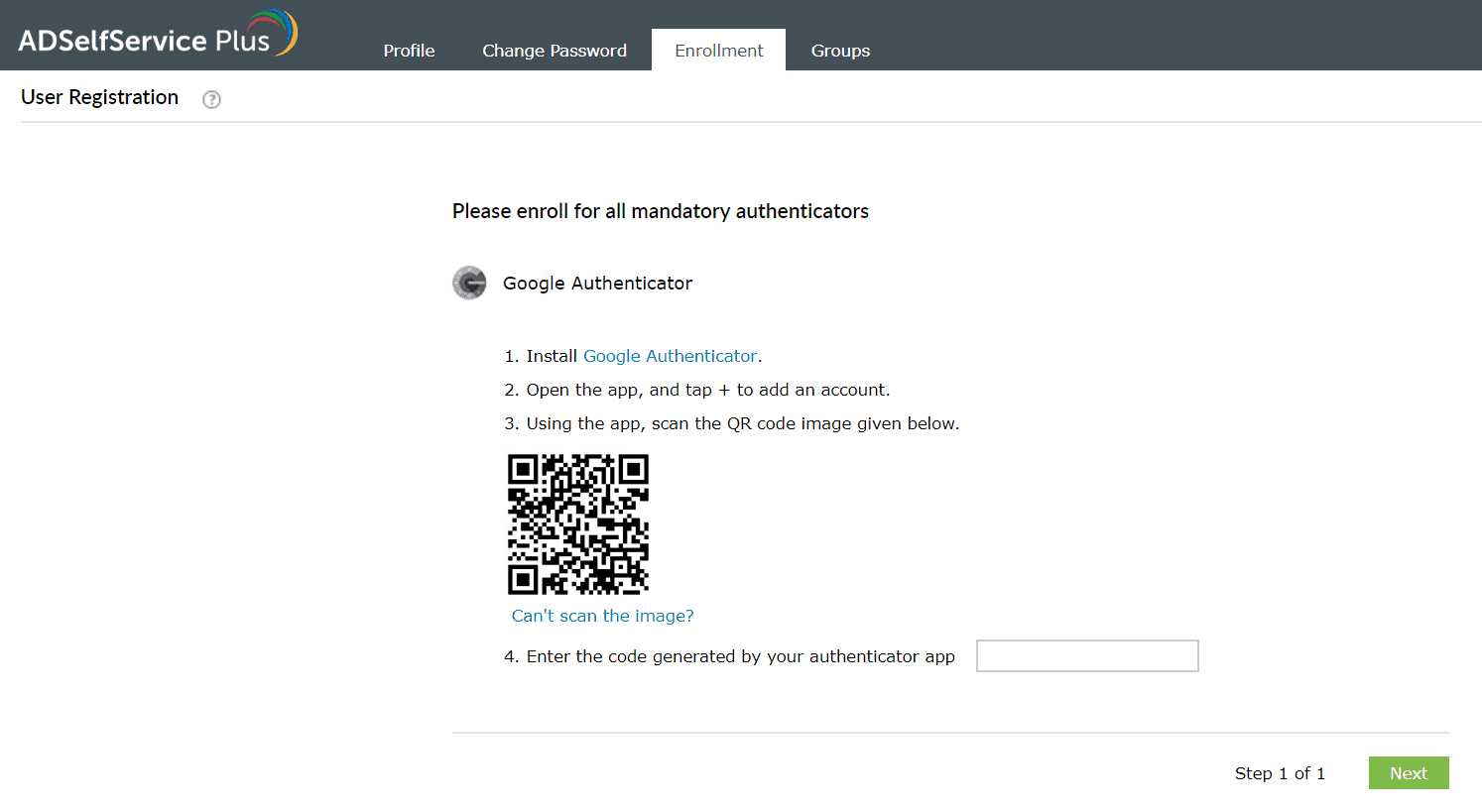 Inscription à l'authentificateur Google d'ADSelfService Plus