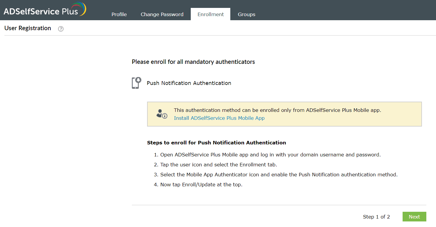 Inscription à l'authentificateur Notification push d'ADSelfService Plus