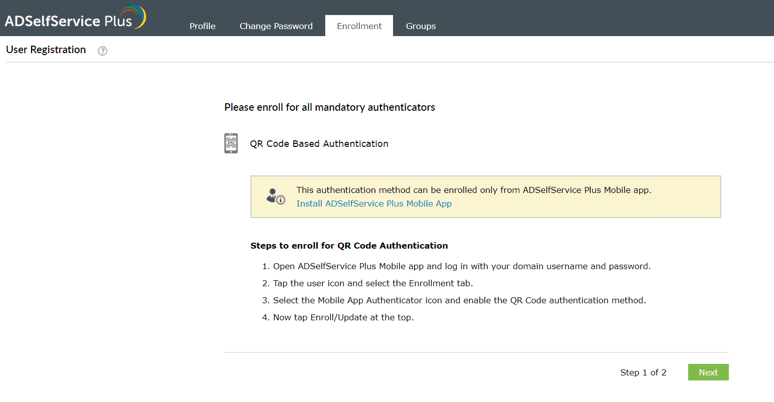 Inscription à l'authentificateur basé sur le code QR d'ADSelfService Plus
