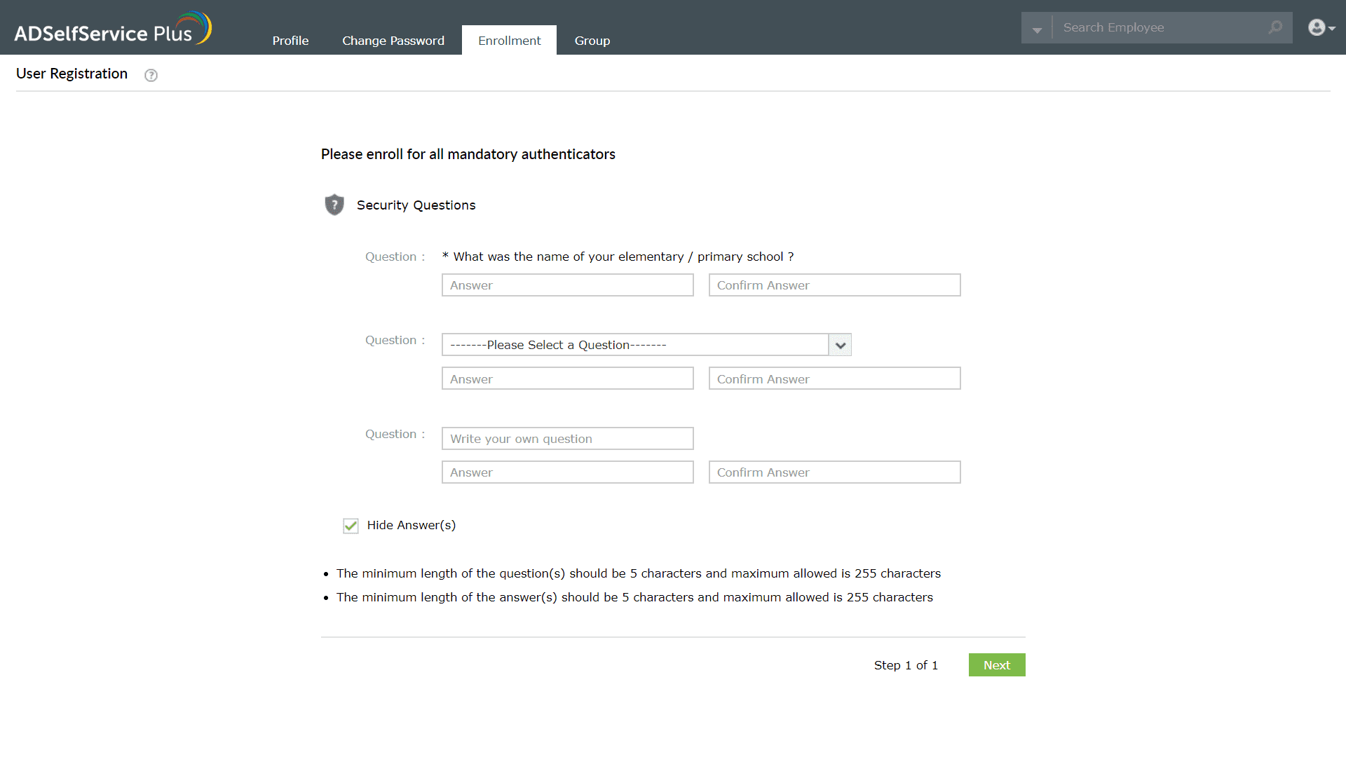 Inscription à l'authentificateur Questions de sécurité d'ADSelfService Plus