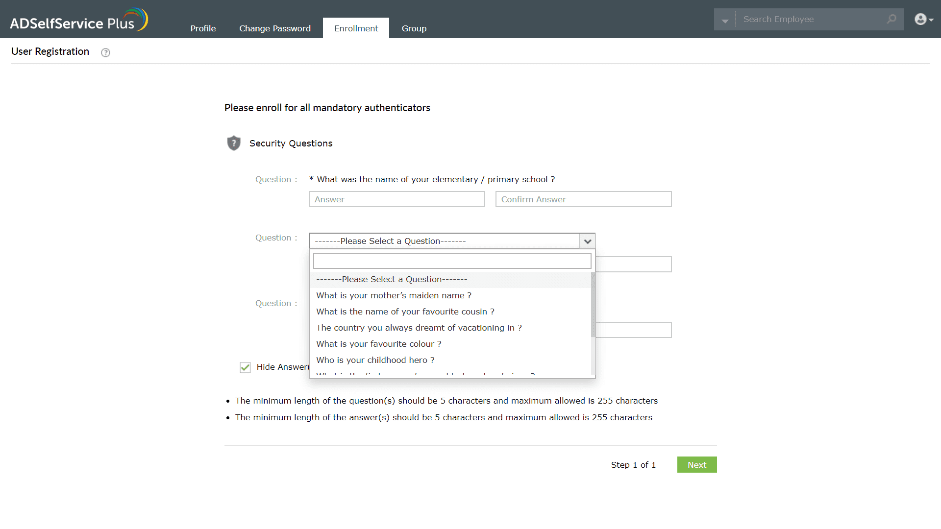 Inscription à l'authentificateur Questions de sécurité d'ADSelfService Plus