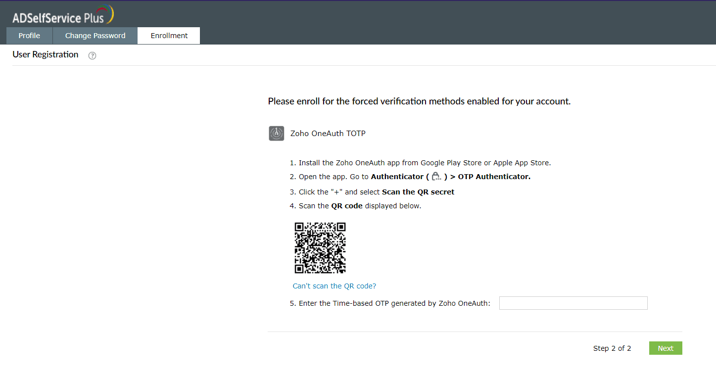 Inscription à Zoho OneAuth TOTP d'ADSelfService