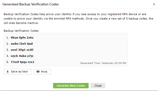 Liste des codes de vérification de secours dans ADSelfService Plus