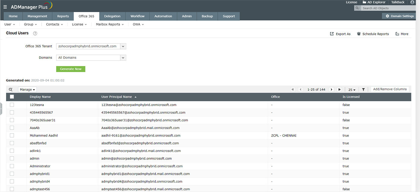 Rapports sur les utilisateurs Office 365 avec ADManager Plus | ManageEngine