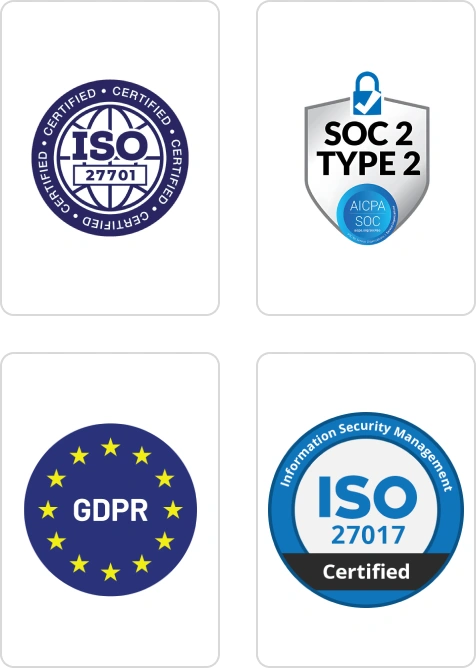 Security compliance badges including ISO and SOC certifications