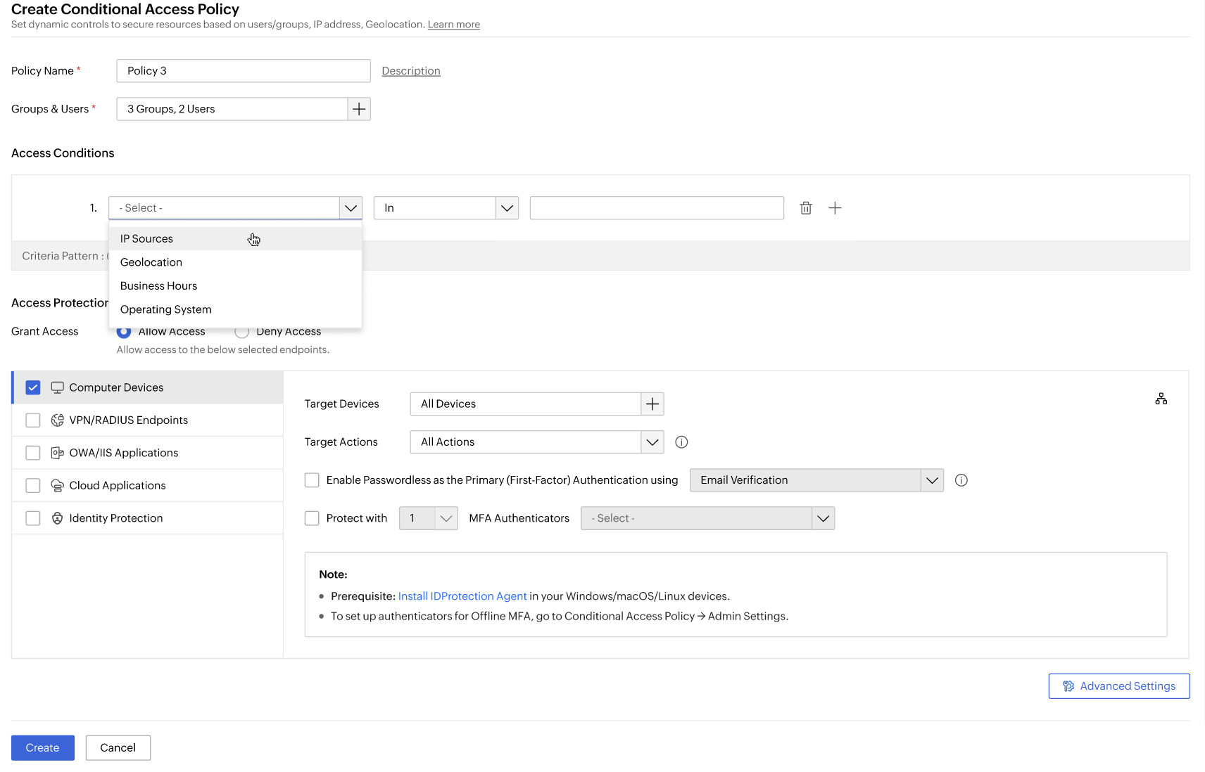  The Identity Access conditional access policy screen for configuring step-up authentication triggers based on risk signals. 