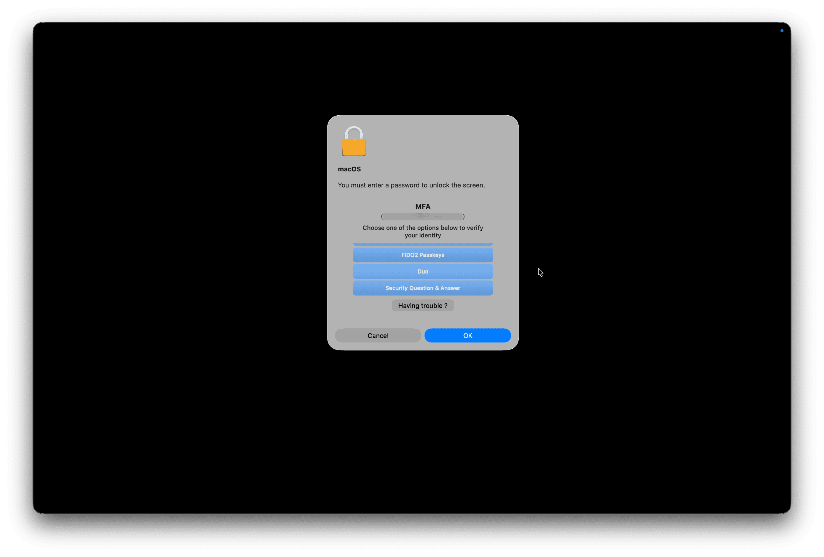 Fig 4: The macOS unlock screen MFA prompt when lock_screen_authentication is enabled.