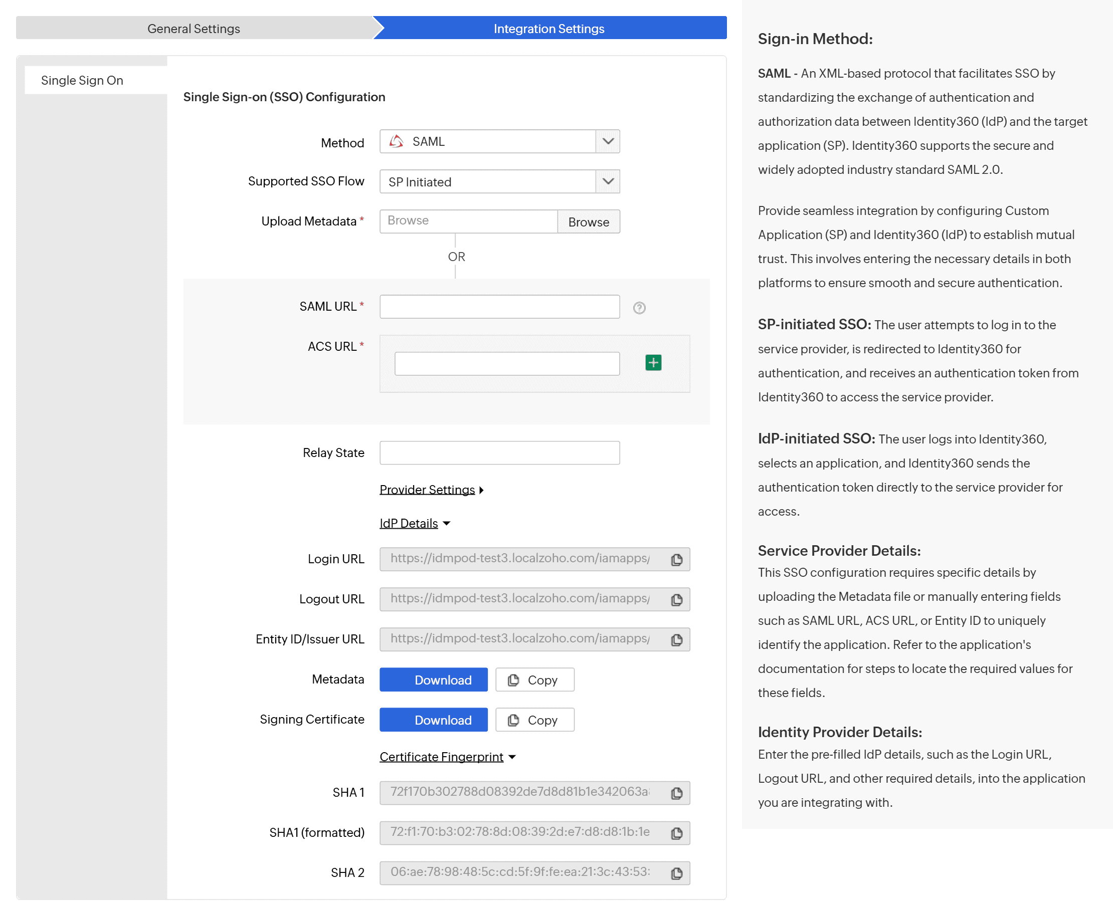 The IdP Details section, with Certificate Fingerprint expanded