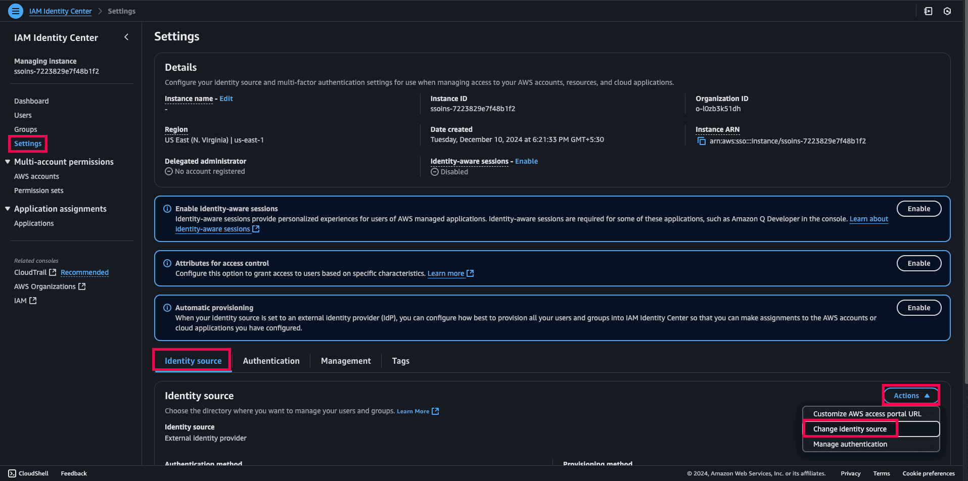 An AWS IAM Identity Center portal view