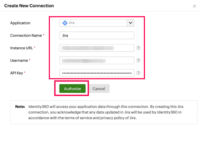 Configuring the connection for Atlassian Jira.