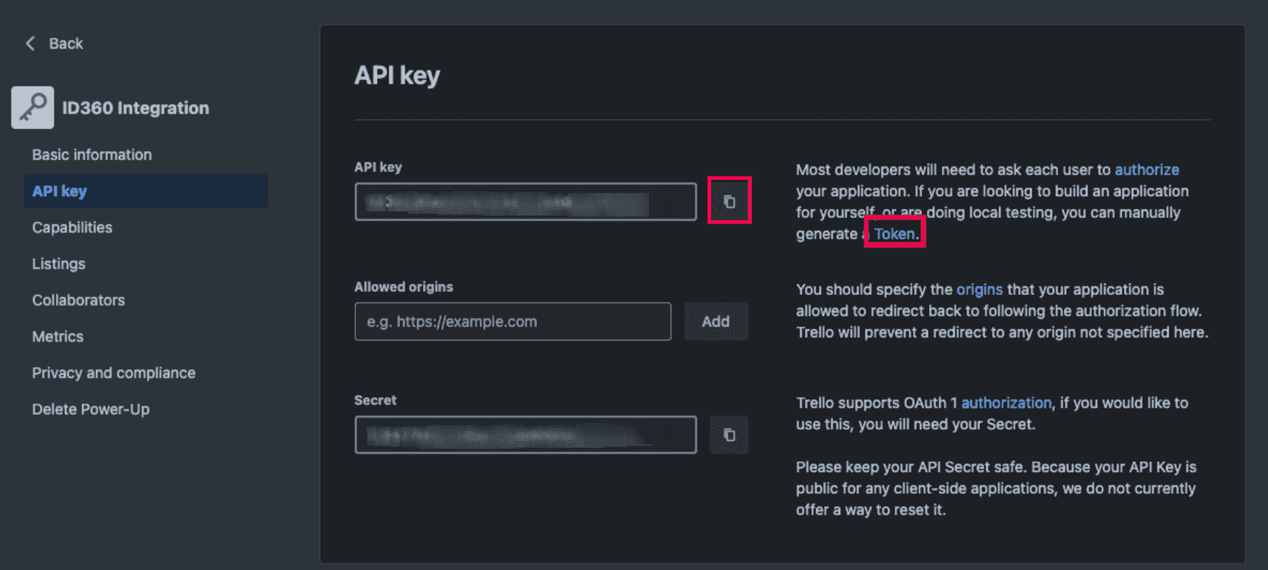 Copying Trello API key.