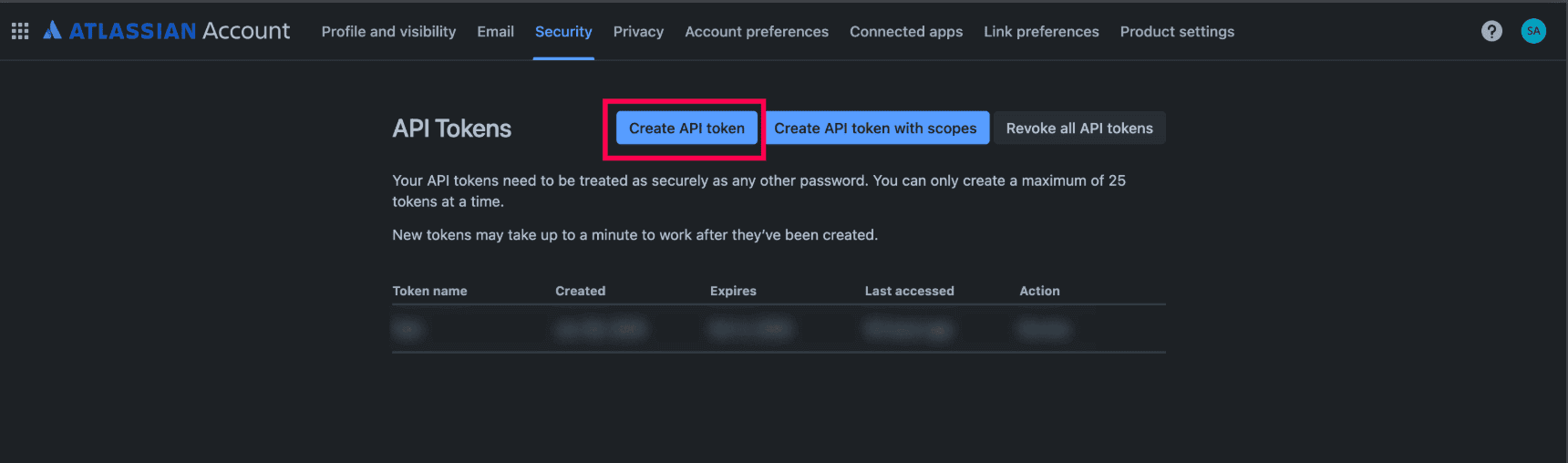 Creating an API token in Atlassian Jira.