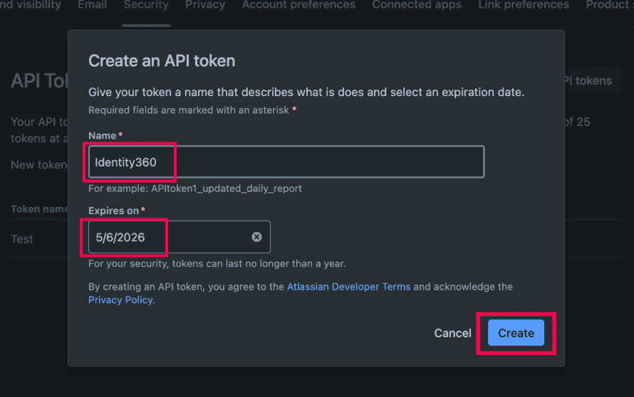 Atlassian portal API tokens page.