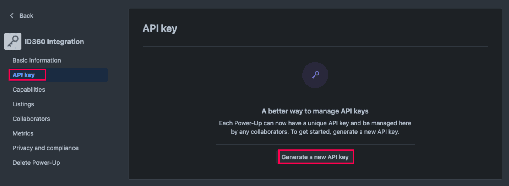 Trello API key generation.