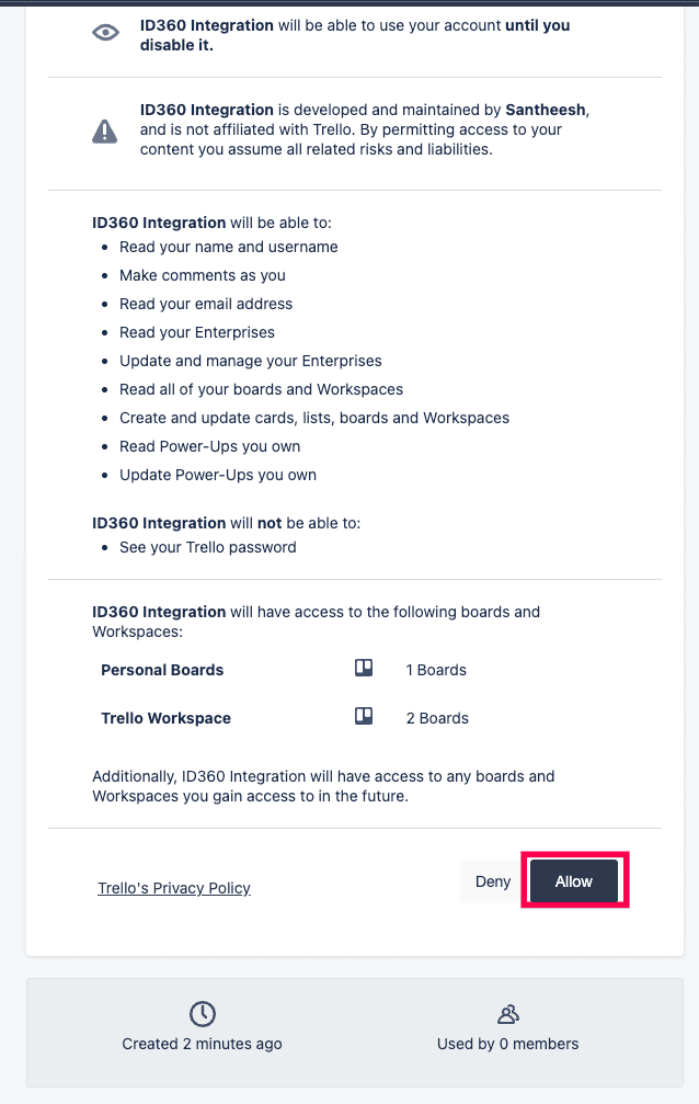 Trello permissions granted to Identity360.
