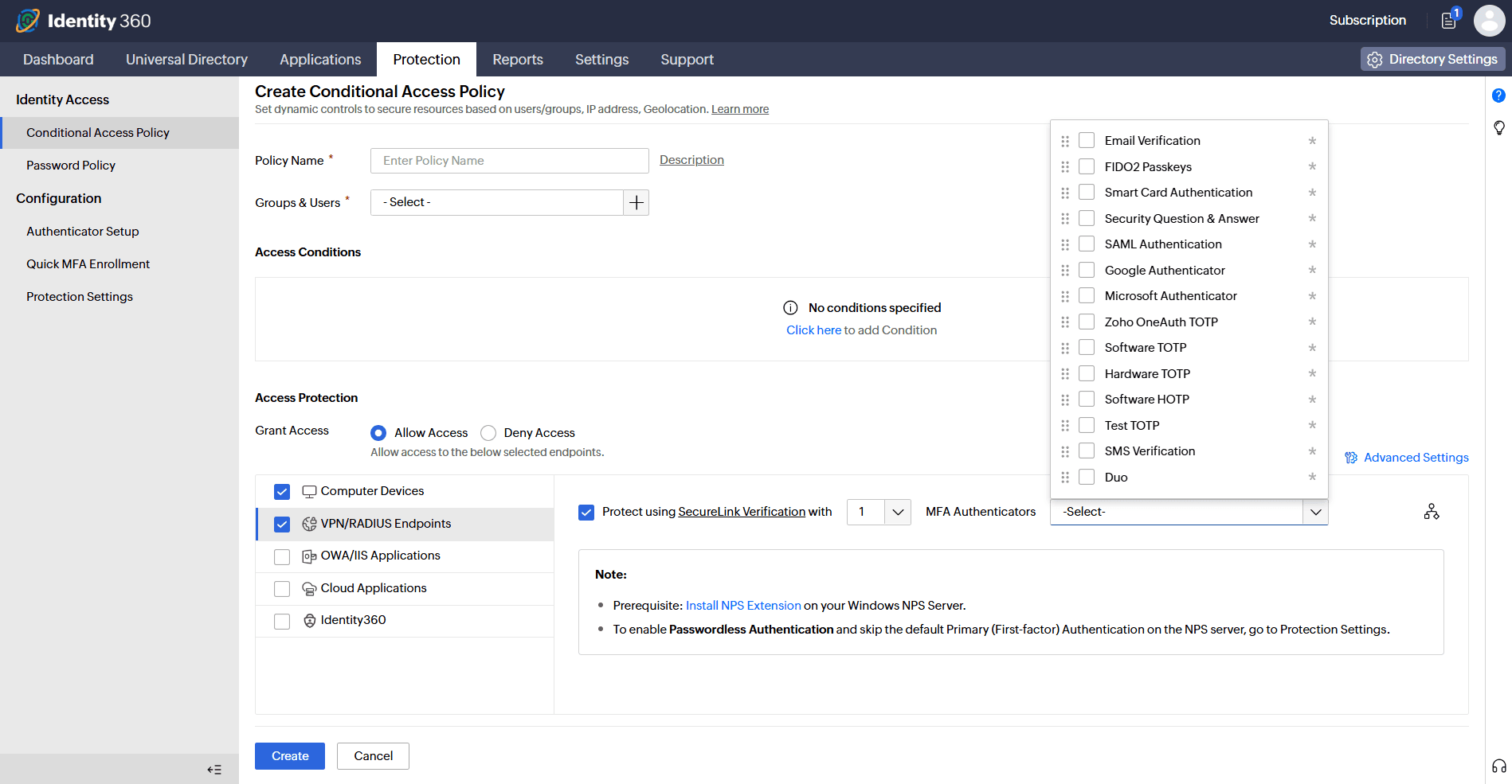 Identity Access Conditional Access Policy interface showing SecureLink Verification mode with full authenticator list 