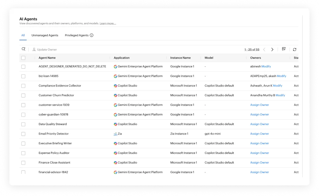 AD360's AI agent inventory showing each agent’s platform, model, and assigned owner, with options to assign or modify owners.