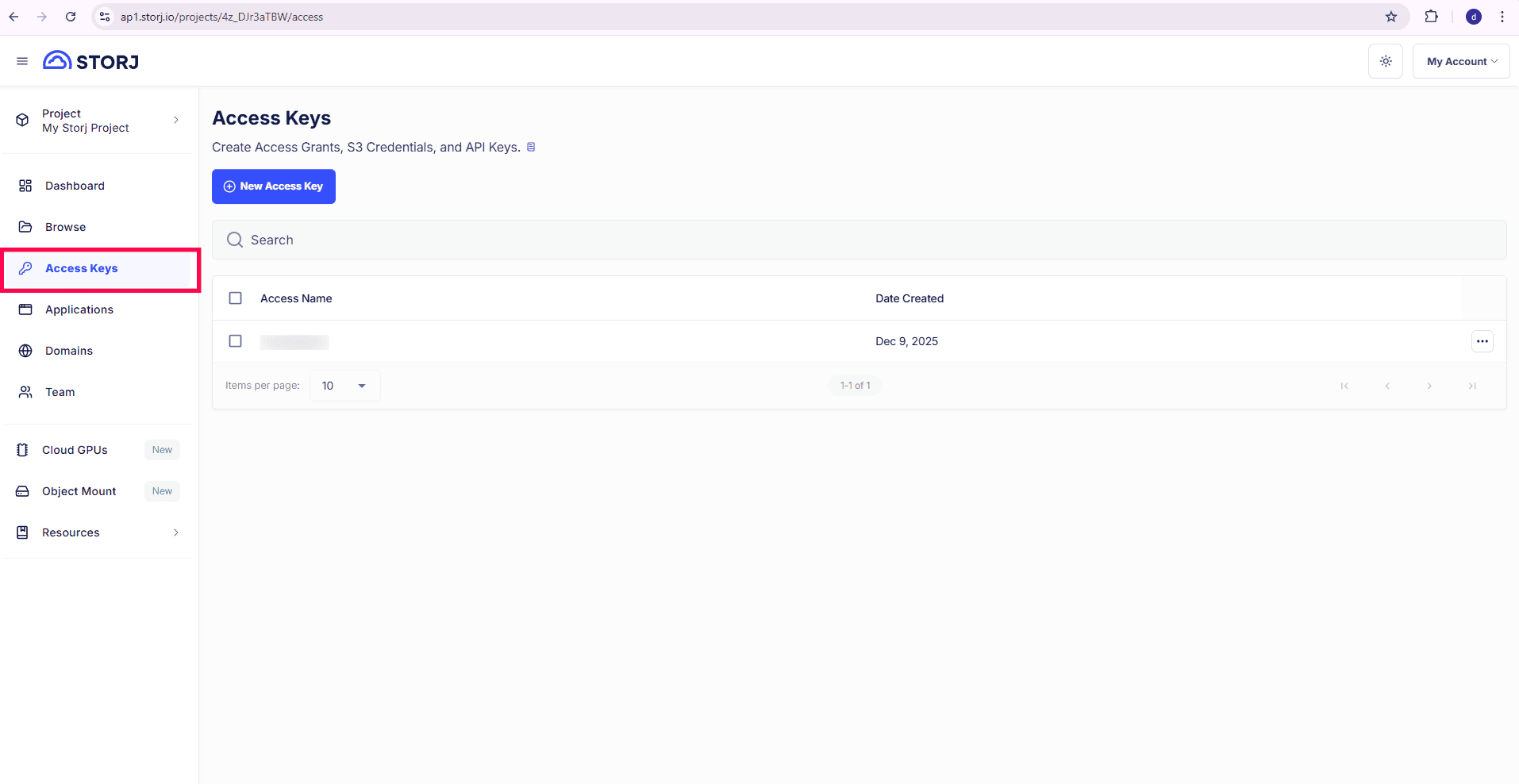 Creating access keys in Storj
