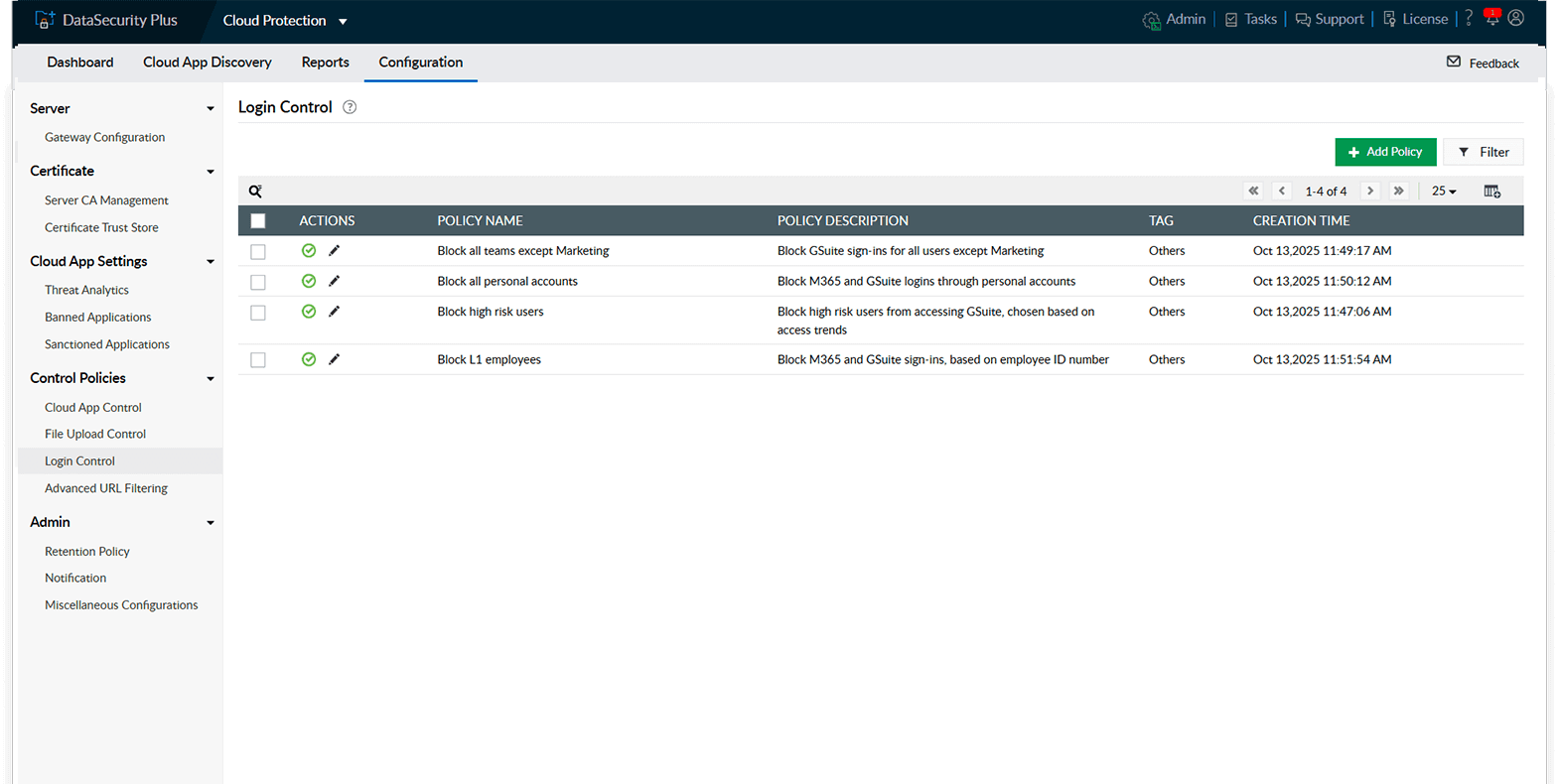 Simplified login control policy