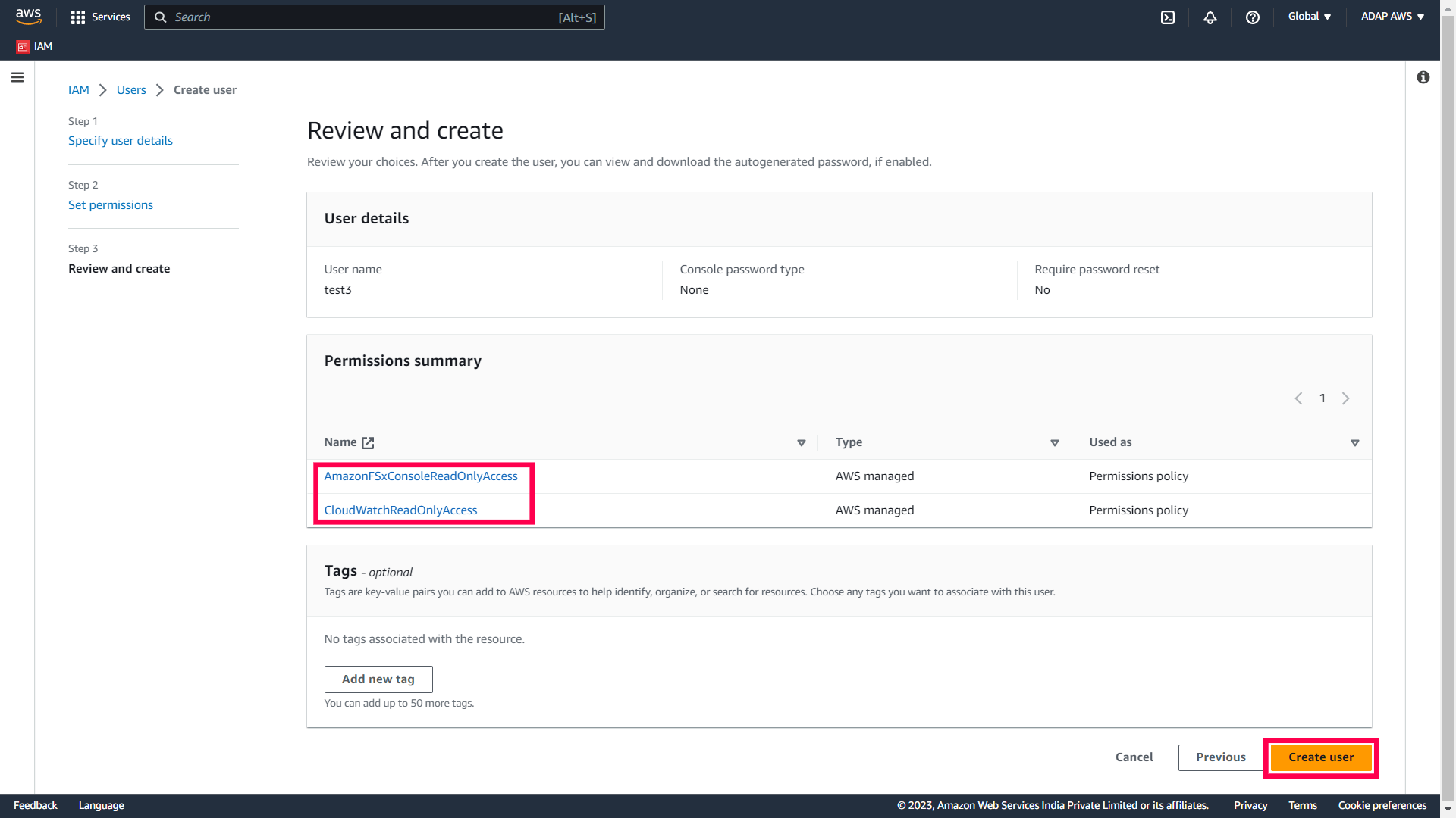 Create a user in IAM console