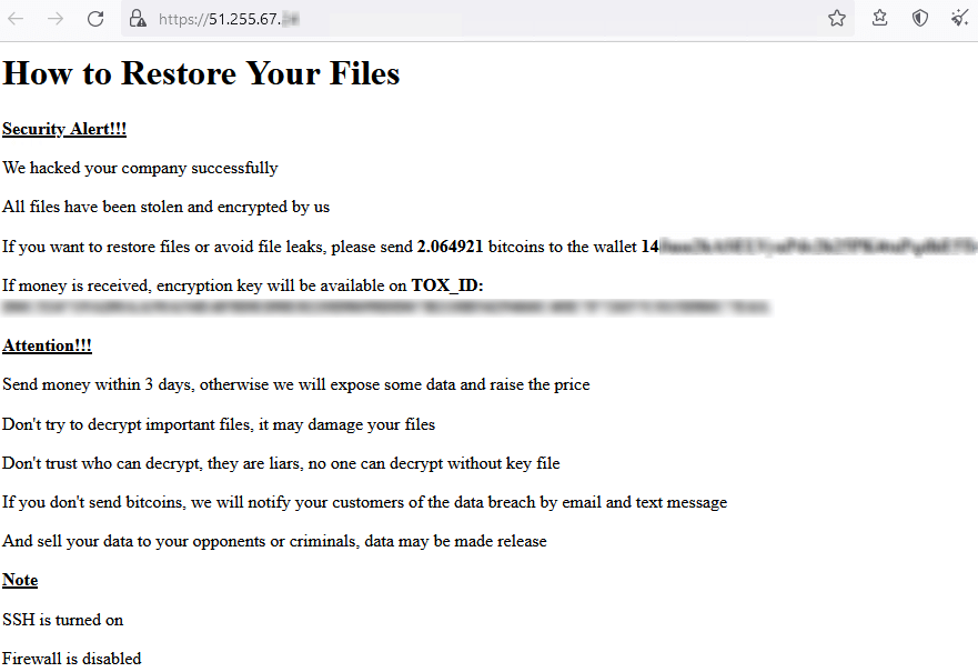 An ESXiArgs ransom note demanding 2.064921 bitcoins
