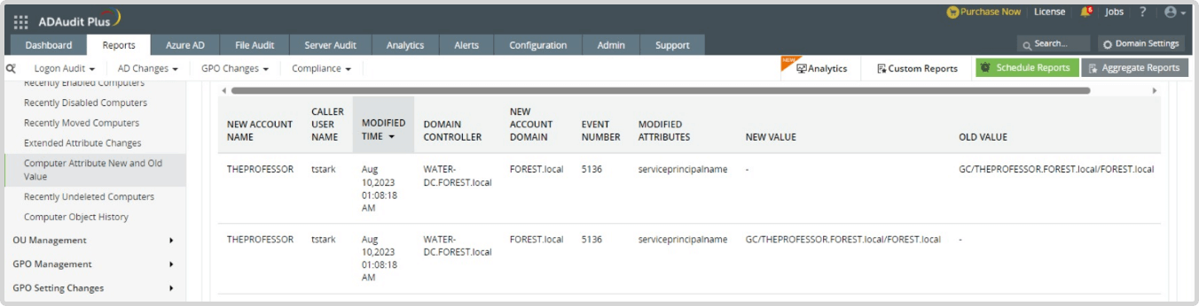 Computer Attribute New and Old Value report