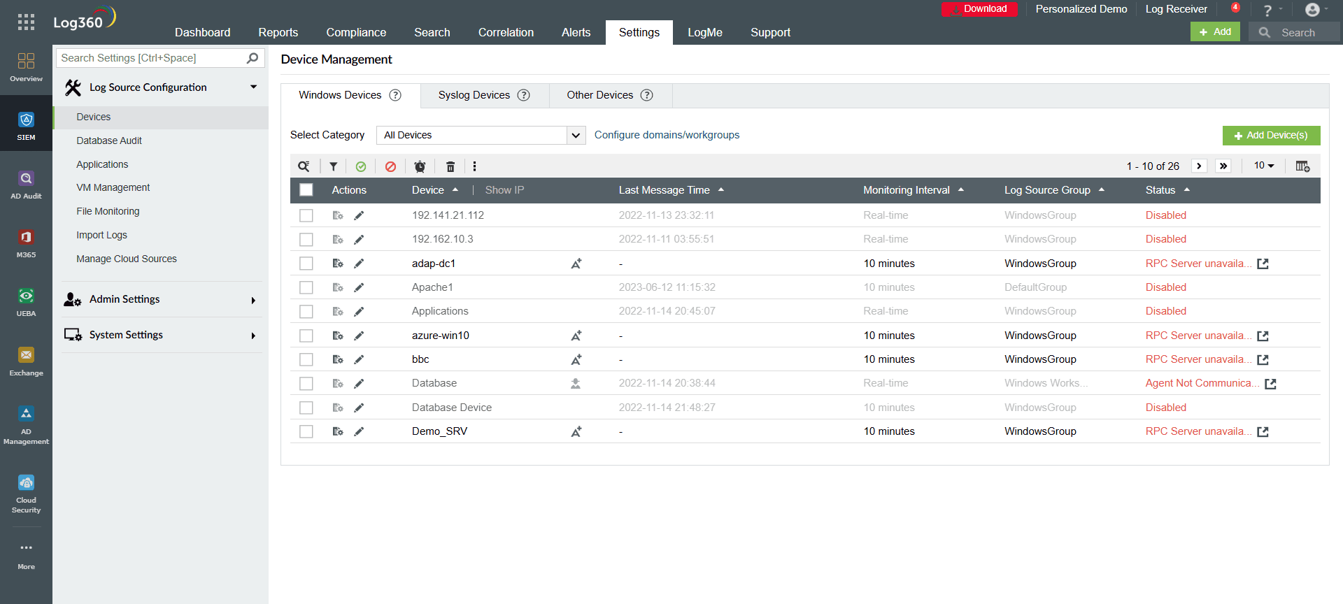 Log source discovery and centralized log management with Log360.