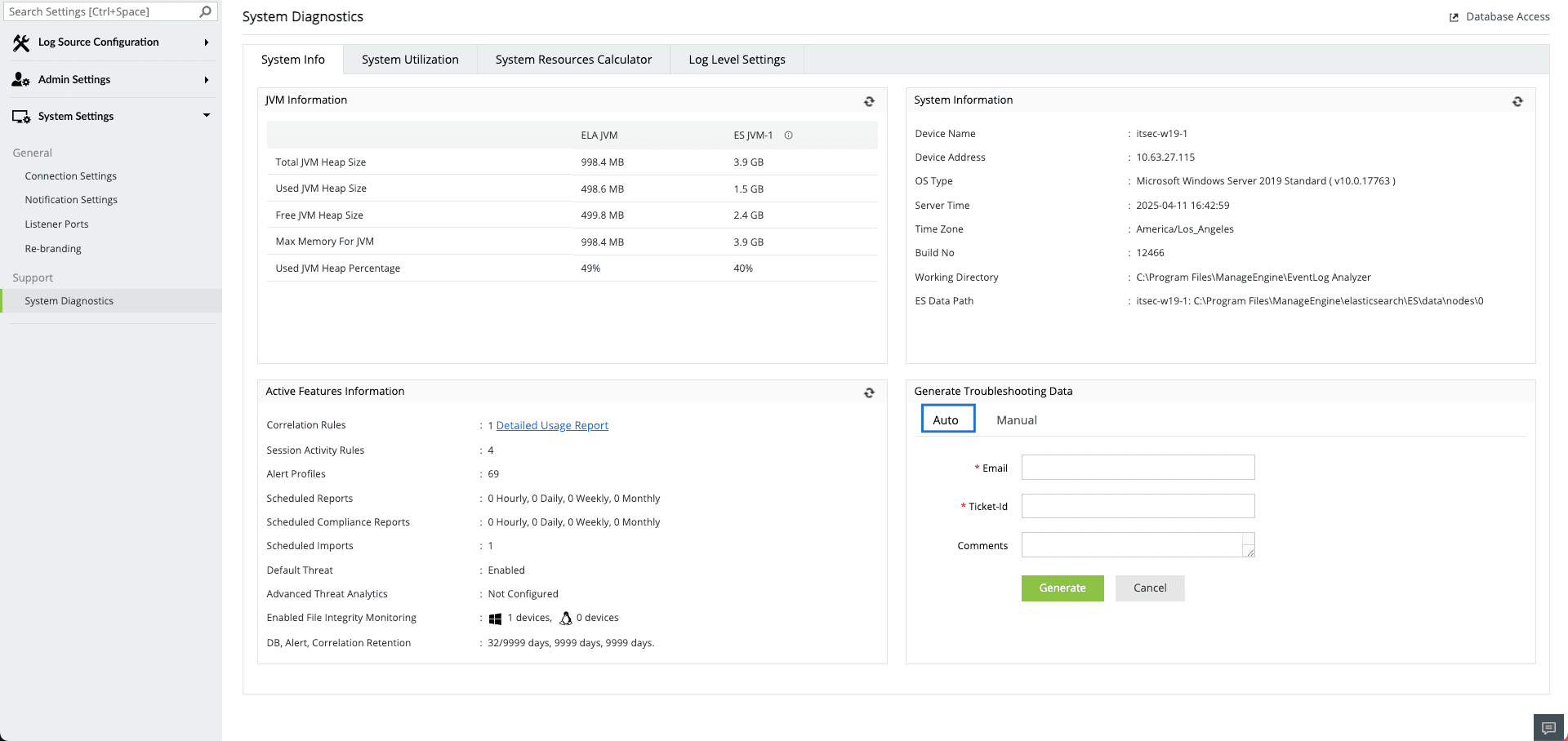 Create an EventLog Analyzer Support Information File (SIF)